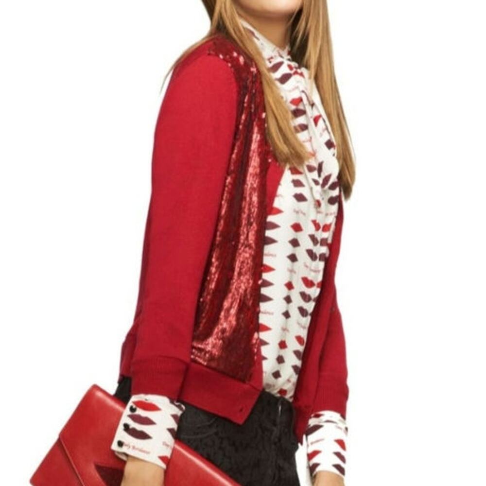 L'Wren Scott Banana Republic Button Front Cardigan Vibrant Red Wool Blend Sequin